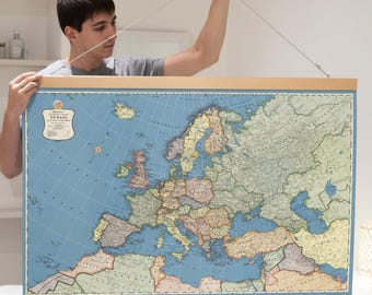 Vintage Europe Map Canvas - Decorative Travel Map Poster + Wooden Hangers - Old Pull Down Globe.