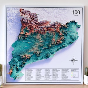Carte 100 Cims Catalunya ideal para Marcar amb Xinxetes, Mapa Topogràfic Catalunya de Tela Tensada, Color turquesa, Inclou 100 Xinxetes.