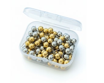 100 Map Pins 6mm x 17mm – Gold and Silver Round Head Pushpins