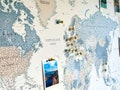Personalized Push Pin World Map - Detailed Travel Pin Board - Large World Map In Blue, Beige & White for Adventure Tracking - 100 Pins incl. product logo