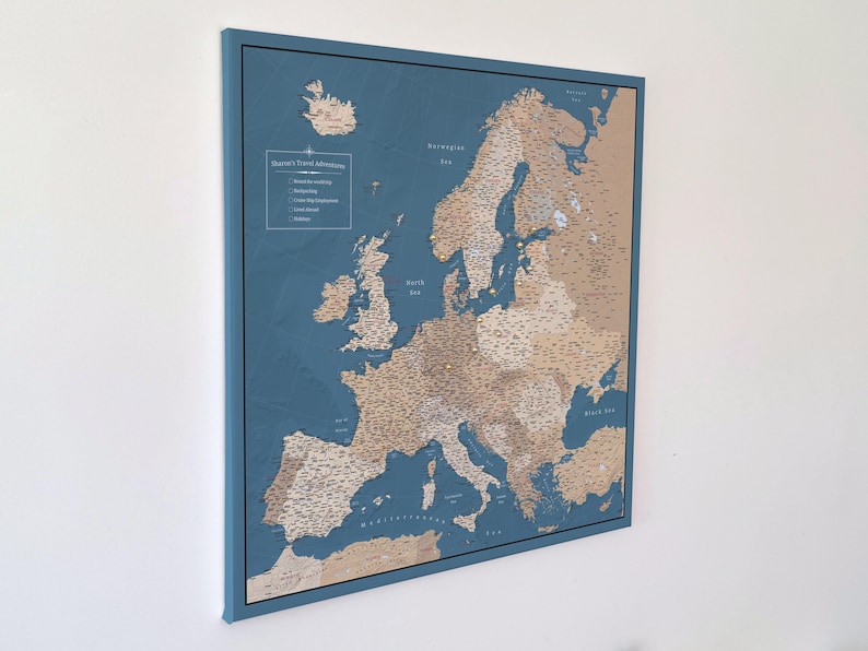 Europe Push Pin Map Canvas, Detailed Travel Pin Board - Customizable ...