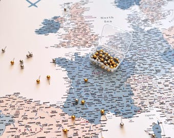 Europe Travel Pin Board – Custom Canvas Map for Adventure Tracking in Blue, Beige & White, 100 Pins Included.