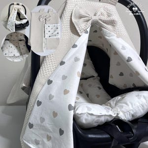 Set Liner Parasol y Cojín para Cochecito – 100 % Algodón, Hecho a Mano, Universal, Transpirable, Motivo de Corazones