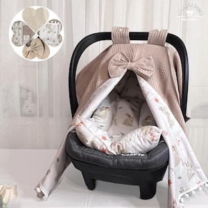 Accesorios para Cochecito - Forro de Cochecito - Set de Sombrilla y Cojín para Bebé – 100% Algodón,  Transpirable – Detalle de Pompones