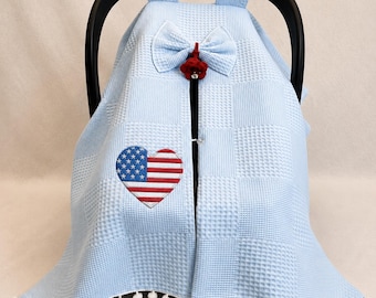 Ice Blue Waffle Baby Car Seat Cover – Poplin Lining and Bow, Custom Embroidery