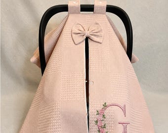 Powder Pink Waffle Cotton Baby Car Seat Cover, Personalized Pram Canopy, Stroller Shade