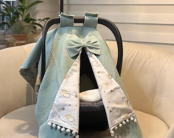 Cotton Baby Car-Seat-Cover, Waffle–Poplin Fabric, Stroller Canopy Pram Liner,personalized embroidery