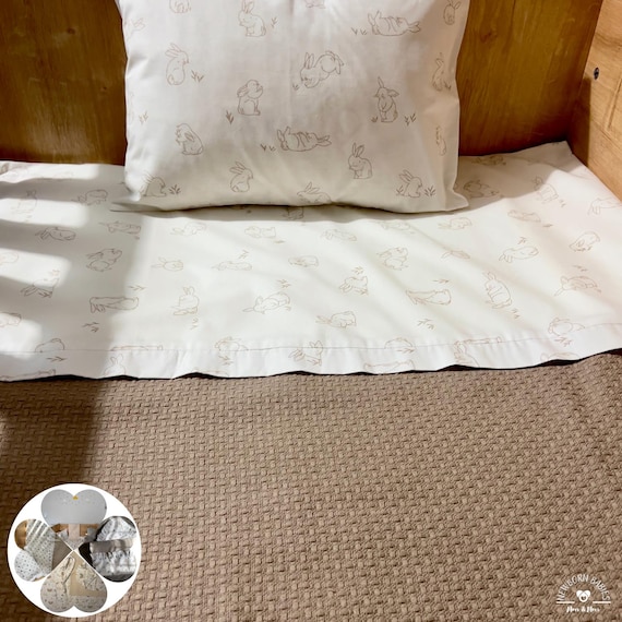 Crib BEDDING SET- fitted SHEET -Double-Sided,100% Cotton beige with rabbit  pattern, Duvet Cover-Babies, Toddlers, Nursery, Kids Handmade