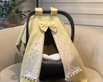 Soft Yellow Cotton Baby Car Seat Cover, Waffle–Poplin Fabric, Floral Pattern, Stroller Canopy Pram Liner – wf-30,Patina blue embroidery
