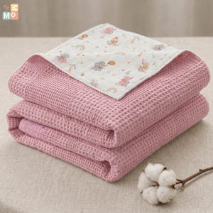 Manta bebé personalizada, manta waffle off white, manta algodón unicornio reversible