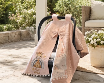 Salmon Pink Cotton Baby Car-Seat Cover, Waffle and Poplin Fabric, Stroller Canopy