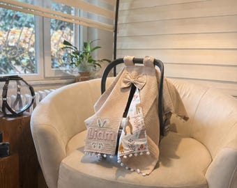 Cappuccino Personalized Baby Car Seat Cover – Waffle Cotton with Poplin Lining,doona Canopy
