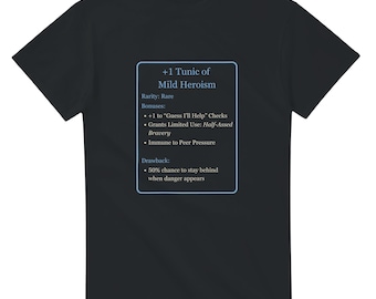 Funny RPG T-Shirt: Plus 1 Tunic of Mild Heroism, DnD-Inspired Tabletop Tee