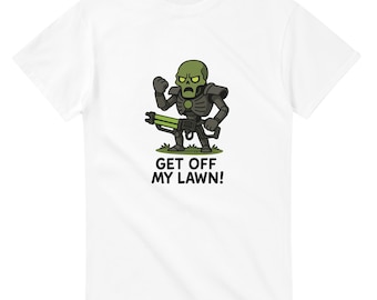 Funny Skeleton T-Shirt: Metal Robot Get Off My Lawn, Sci-Fi Grimdark Gamer Tee
