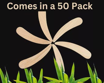 May include: A pack of 50 light-colored wooden spatulas arranged in a starburst pattern against a black background. Green bamboo leaves are at the bottom. The text "Comes in a 50 Pack" is at the top.