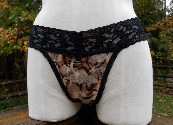 Thong Panties In Print And Black Stretch Lace Etsy