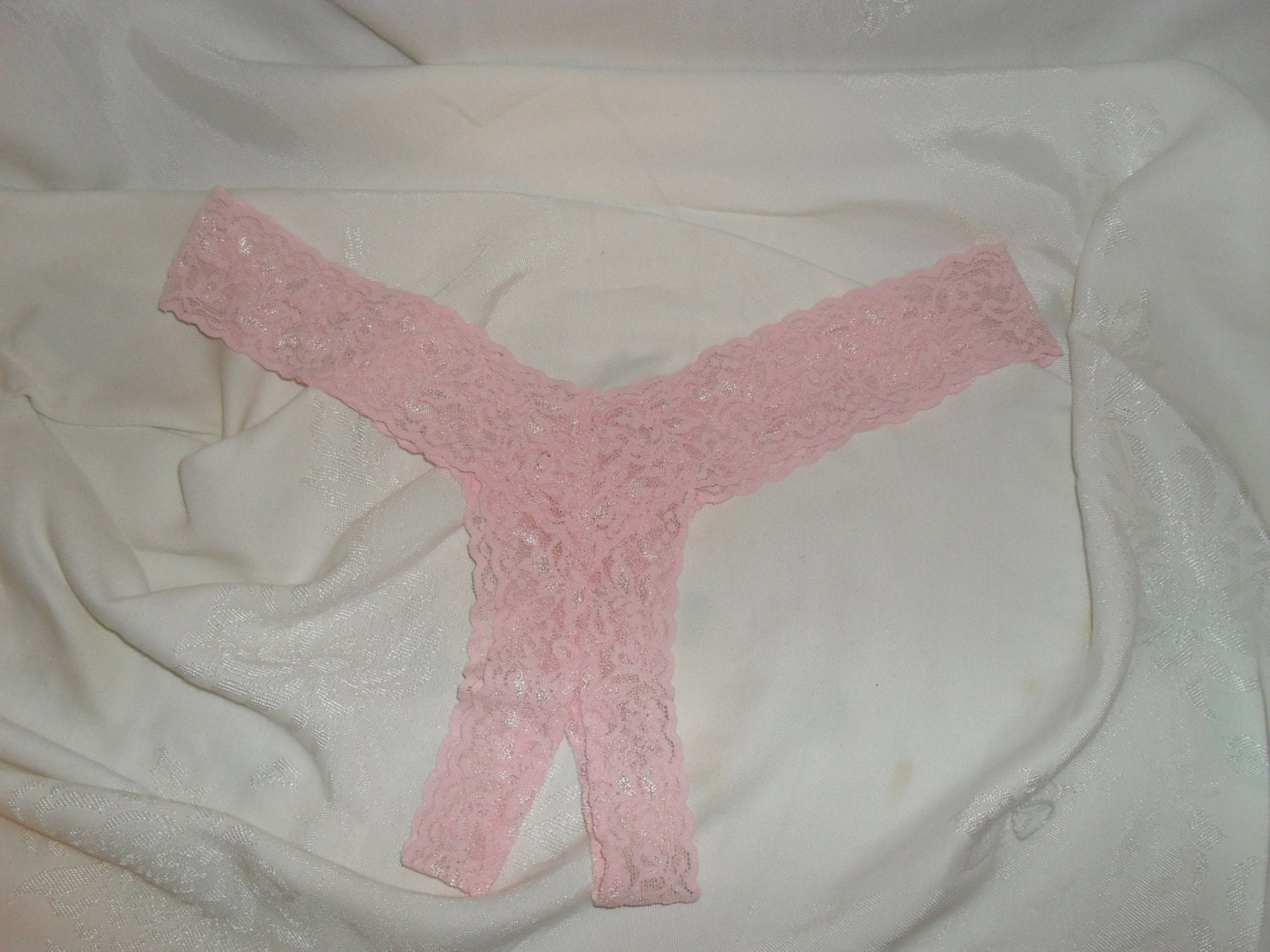 Thong Panties in Tickle Me Pink Stretch Lace, Also Available Crotchless -   Israel
