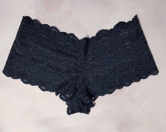 Boyshort Panties in Black Stretch Lace, Available Crotchless All