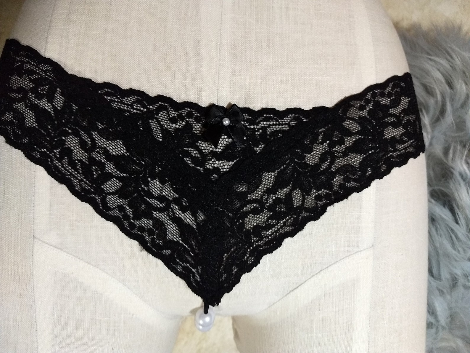 Thong in Stretch Lace with Plastic Pearl Beads Crotchless | Etsy