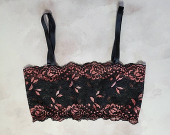 Crop Top Camisole in Black with Rose Accent Stretch Lace with Adjustable Bra Straps