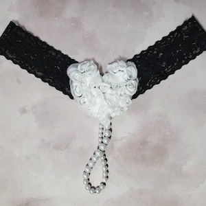 Black Stretch Lace Thong with Your Choice of Shabby Heart Accent Color and Plastic Pearl Beads