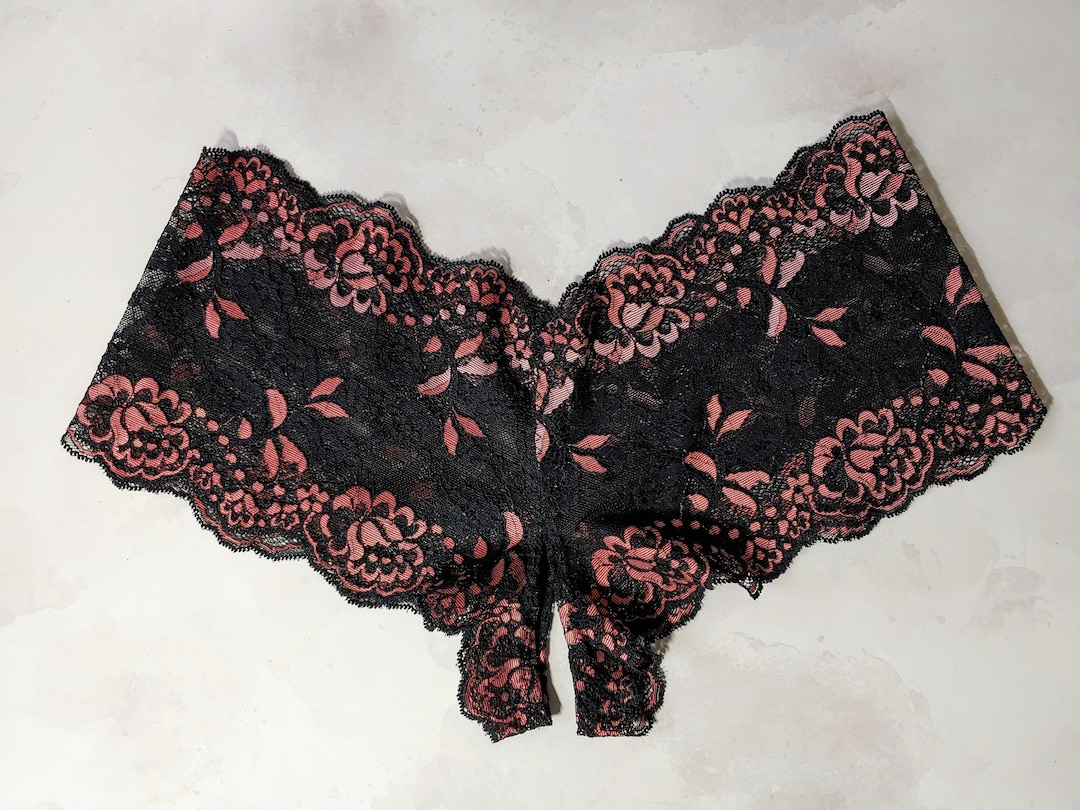 Crotchless Boyshort Panties in Black Stretch Lace With Rose Trim, All