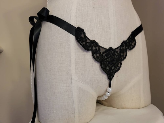Black Crotchless G String Thong Panties With Pearl Beads and - Etsy