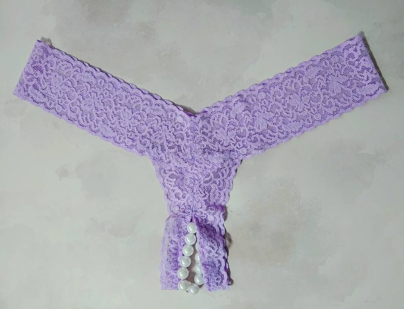 Crotchless Thong Panties in Soft Stretch Lace With Plastic Pearl Beads