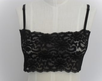 Crop Top Camisole in Black Stretch Lace with Adjustable Bra Straps