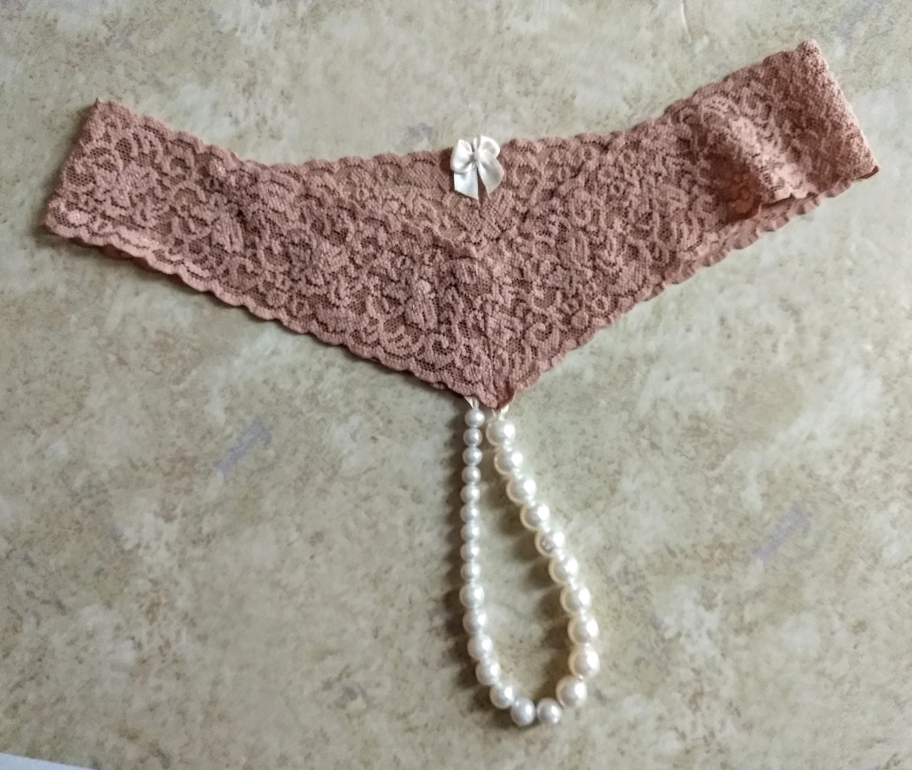 Thong in Stretch Lace With Plastic Pearl Beads Crotchless Etsy Hong Kong