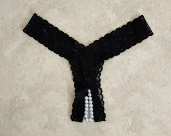 Crotchless Thong Panties in Soft Stretch Lace with Plastic Pearl Beads