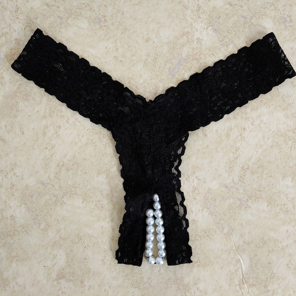 Crotchless Thong Panties in Soft Stretch Lace with Plastic Pearl Beads