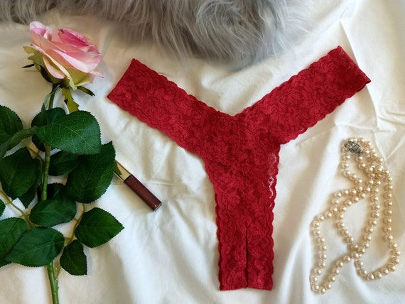 Crotchless Thong Panties in Rose Red Stretch Lace | Etsy
