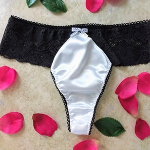 Thong Panties in Satin and Black Stretch Lace