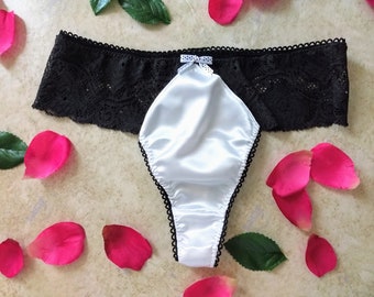 Thong Panties in Satin and Black Stretch Lace