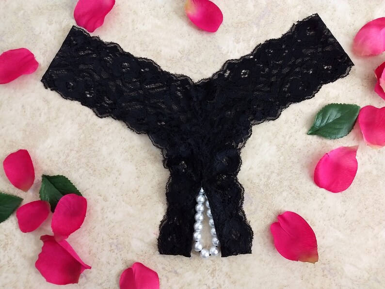 Crotchless Thong Panties in Soft Stretch Lace With Plastic Pearl Beads