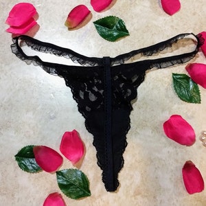 G-String Thong Panties in Black Stretch Lace With Ruffled Elastic