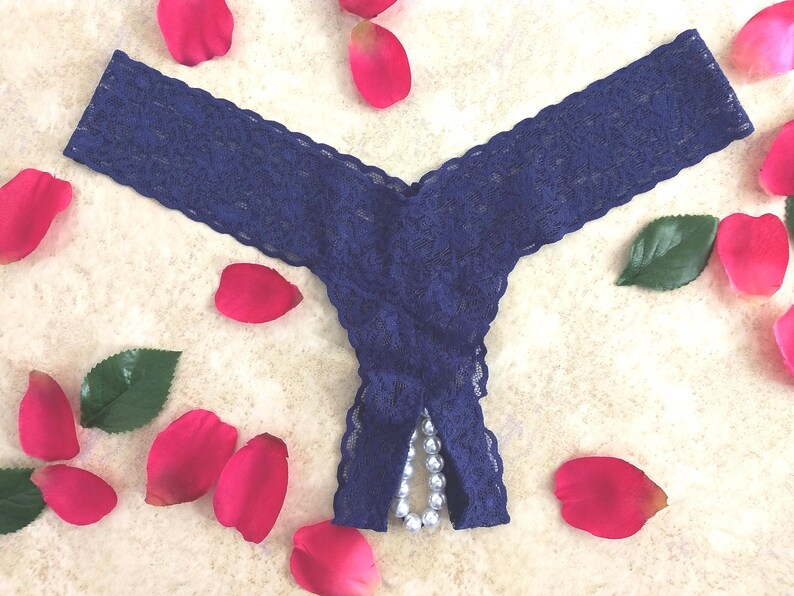 Crotchless Thong Panties in Navy Blue Stretch Lace With Plastic Pearl