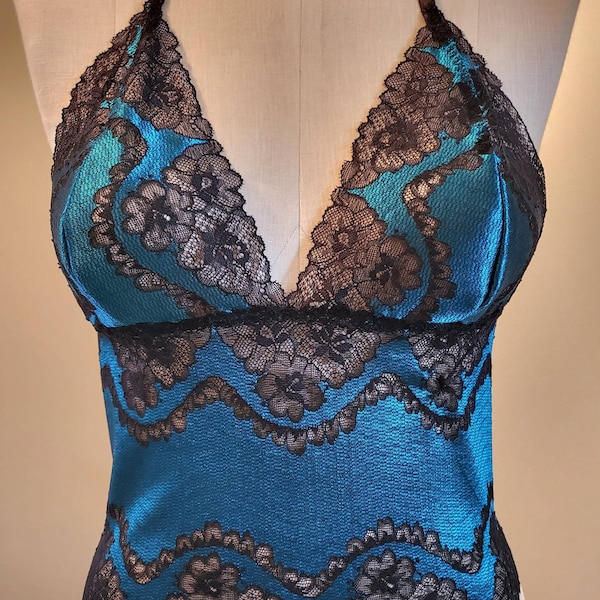 Camisole Cami in Black and Aqua Blue Stretch Lace, Halter Neckline, Matching Boyshorts Available