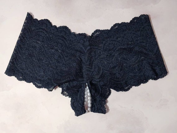 Crotchless Boyshort Panties in Black Stretch Lace With Plastic Pearl Beads,  All Access Panty