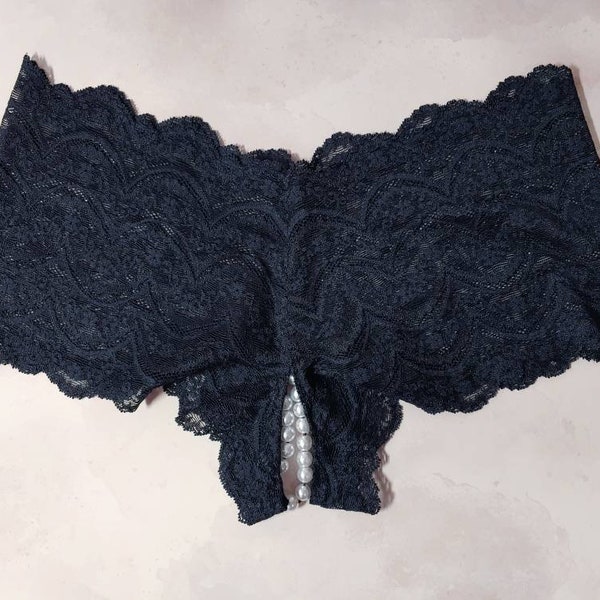 Crotchless Boyshort Panties in Black Stretch Lace with Plastic Pearl Beads, All Access Panty