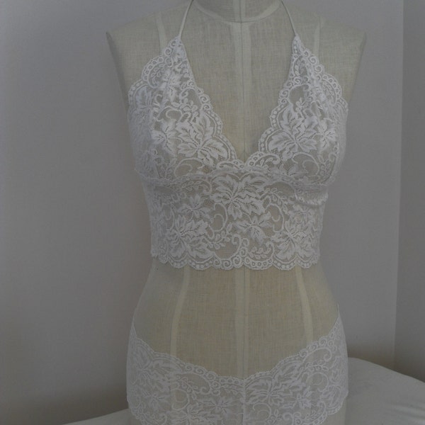 Two Piece Set, Bralette Fitted Cami in Ivory Stretch Lace with Matching Boyshorts Panties, Panties Available Crotchless