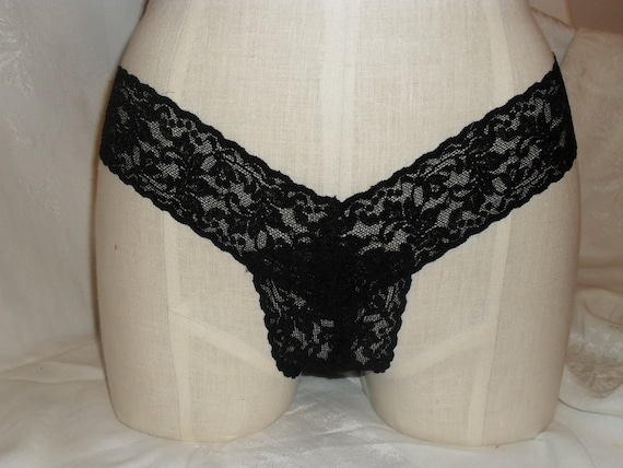 Crotchless Thong Panties in Black Stretch Lace 