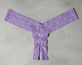 Crotchless Thong Panties in Lavender Purple Stretch Lace