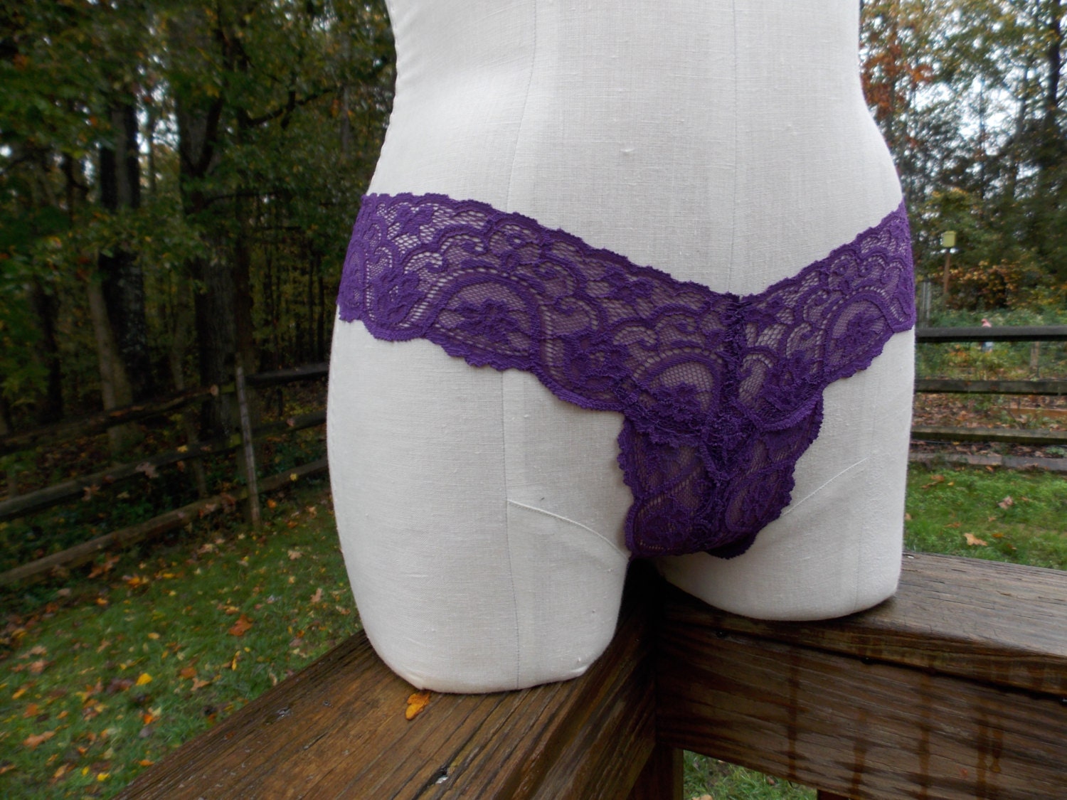 Crotchless Thong Panties in Soft Purple Stretch Lace 