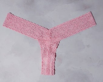 Thong Panties in Tickle Me Pink Stretch Lace, Also Available Crotchless -   Ireland