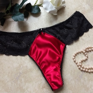 Thong Panties in RED HOT Satin and Black Stretch Lace