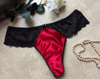 Thong Panties in RED HOT Satin and Black Stretch Lace