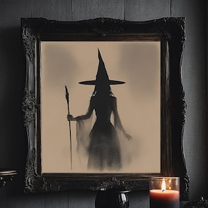 Haunting Witch Silhouette Art Print  Dark Gothic Fantasy Halloween Wall Décor with Witch Hat and Staff Shadow