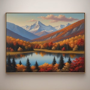 Autumn Mountain Landscape Painting Fall Colors Reflection Art, Nature Canvas Decor, Snow-Capped Peaks, Cabin Wall Art